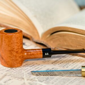 Wooden Tobacco Smoking Pipe, Self-Standing, Hand Carved of Briar Root, Metal cooling filter, Comes with Pouch, Boxed (Poker, Gold)