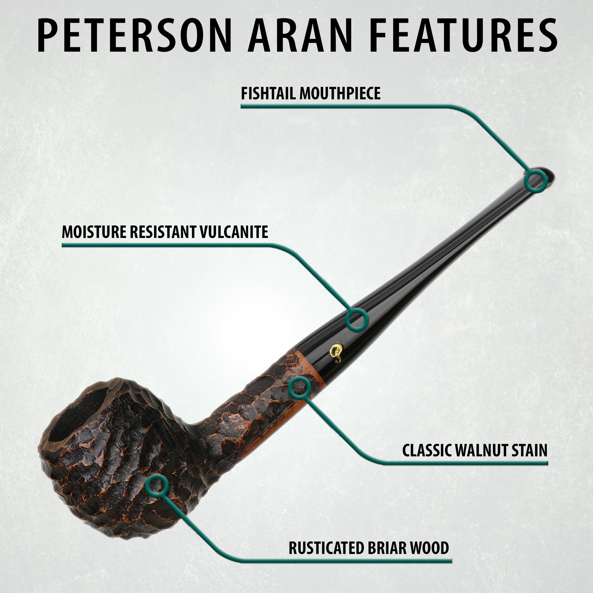 Peterson Pipes Aran - Mediterranean Briar Pipe, Handmade Wood Irish Pipe Hand Crafted in Ireland, Straight Apple, No Filter, Fishtail, Rusticated, 85