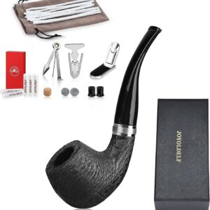 Joyoldelf Smoking Pipe, Bent Wooden Tobacco Pipe with Gift Box, Oak Tobacco Pipes for Smoking with Foldable & Stainless Steel Tobacco Pipe Stand, 9mm Pipe Filter and Smoking Accessories