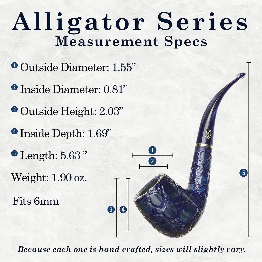 Alligator Savinelli Pipe - Briar Tobacco Pipe, Italian Artisan Pipe, Handmade Tobacco Pipe, Small Lightweight & Hand Crafted Wooden Tobacco Pipes, Straight Pipe, 6mm, Blue, 311 KS