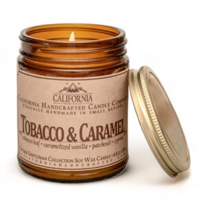 california handcrafted tobacco & caramel scented soy wax candle for men - vintage gentleman collection - 9 oz amber glass jar