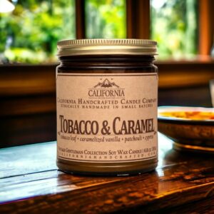 California Handcrafted Tobacco & Caramel Scented Soy Wax Candle for Men - Vintage Gentleman Collection - 9 oz Amber Glass Jar