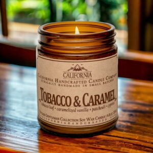 California Handcrafted Tobacco & Caramel Scented Soy Wax Candle for Men - Vintage Gentleman Collection - 9 oz Amber Glass Jar