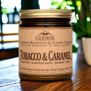 California Handcrafted Tobacco & Caramel Scented Soy Wax Candle for Men - Vintage Gentleman Collection - 9 oz Amber Glass Jar