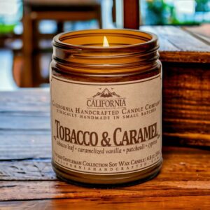 California Handcrafted Tobacco & Caramel Scented Soy Wax Candle for Men - Vintage Gentleman Collection - 9 oz Amber Glass Jar