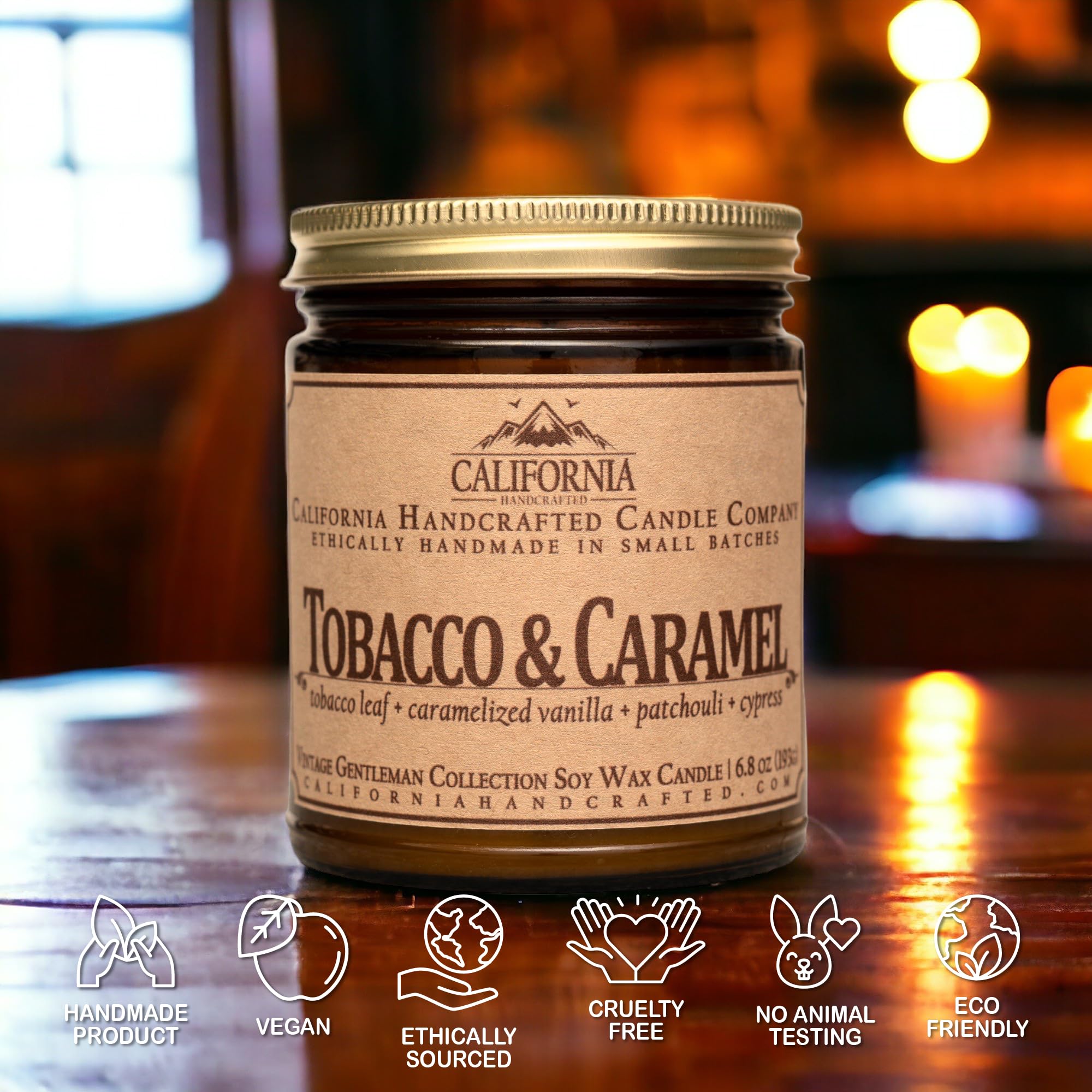 California Handcrafted Tobacco & Caramel Scented Soy Wax Candle for Men - Vintage Gentleman Collection - 9 oz Amber Glass Jar