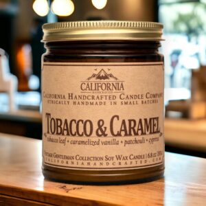 California Handcrafted Tobacco & Caramel Scented Soy Wax Candle for Men - Vintage Gentleman Collection - 9 oz Amber Glass Jar