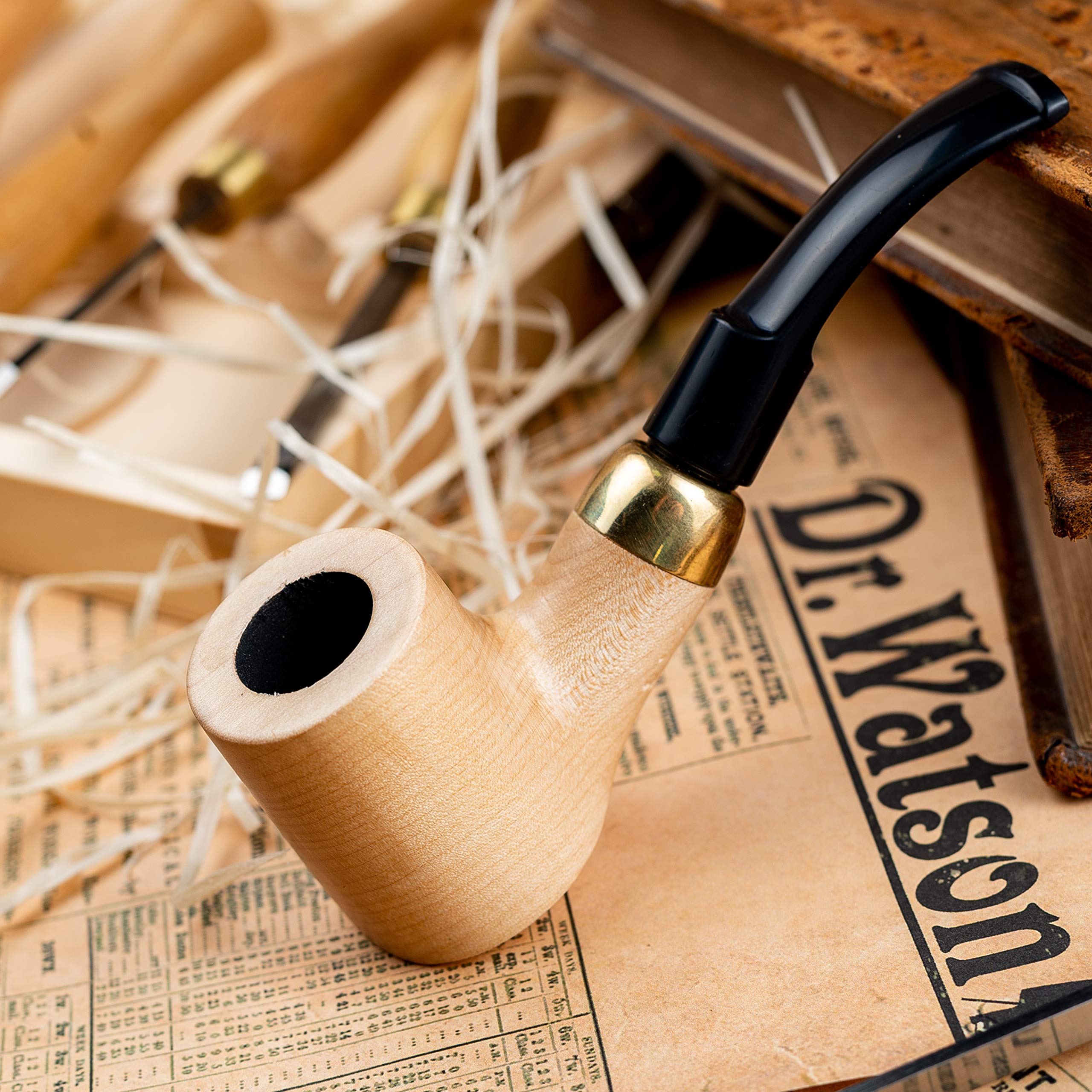 Dr. Watson - Wooden Tobacco Pipe, classic Cherrywood shape, Fits 9mm filter, Comes with Pouch, Boxed (Natural)