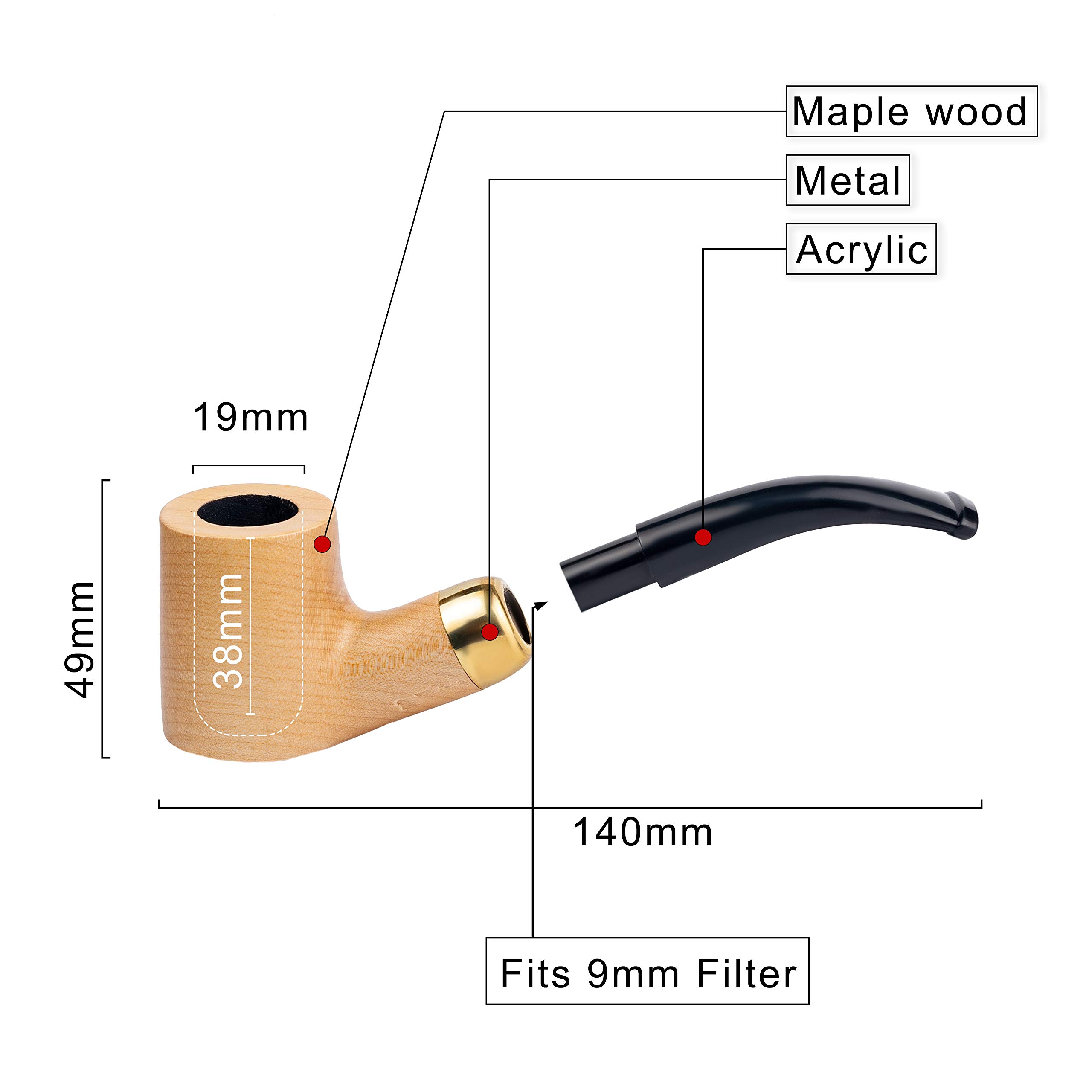 Dr. Watson - Wooden Tobacco Pipe, classic Cherrywood shape, Fits 9mm filter, Comes with Pouch, Boxed (Natural)