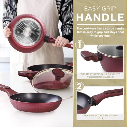 Moss & Stone Nonstick Induction Cookware Set, 4Pcs Aluminum Small Pots and Pans Set with Glass Lid, Burgundy Diamond Non Stick Casserole Pot & Fry Pan Set, Cooking Pots Are Pfte/Pfoa/Pfos Free