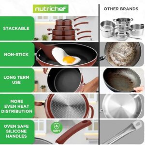 NutriChef Space Saver 17-Piece Nonstick Cookware Set - Brown Pots and Pans with Stackable Design, Foldable Handles, Induction Ready