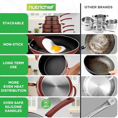 NutriChef Space Saver 17-Piece Nonstick Cookware Set - Brown Pots and Pans with Stackable Design, Foldable Handles, Induction Ready