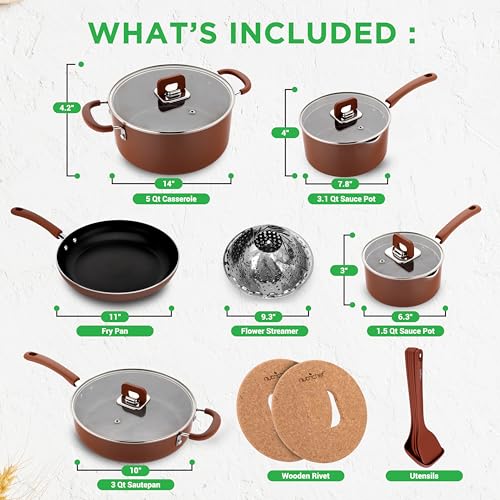 NutriChef Space Saver 17-Piece Nonstick Cookware Set - Brown Pots and Pans with Stackable Design, Foldable Handles, Induction Ready