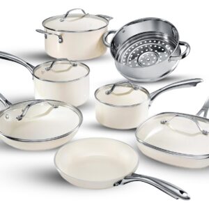 Gotham Steel 12 Pc Ceramic Pots and Pans Set Non Stick, Kitchen Cookware Sets, Pot and Pan Set, Ceramic Cookware Set, Non Toxic Cookware Set, Non Stick Pots and Pan Set, Dishwasher Safe - Cream White