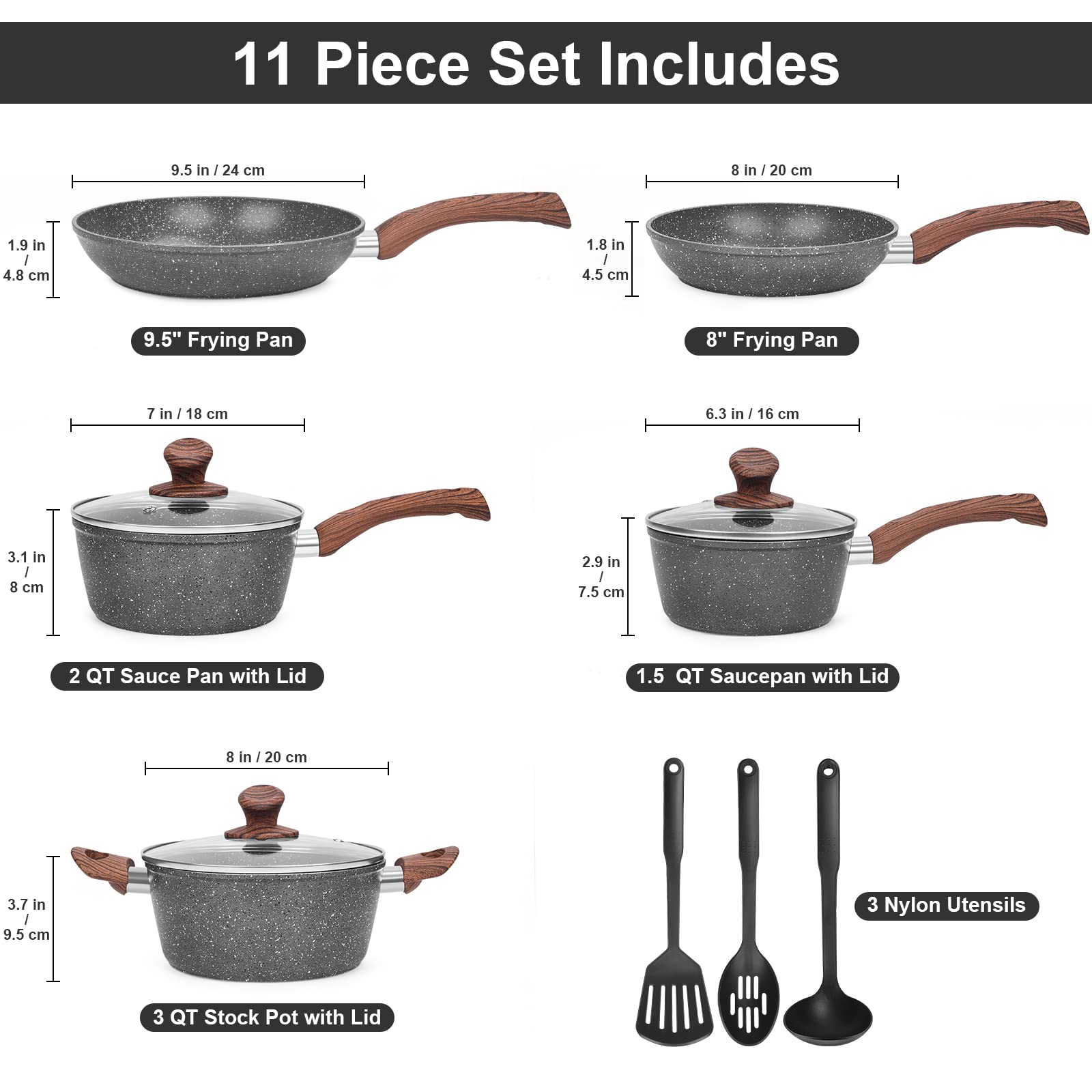 M MELENTA Granite Pots and Pans Set Ultra Nonstick, 11 Piece Die-Cast Cookware Sets with Frying Pan, Sauce Pan, Stockpot, Stay Cool Handle & Kitchen Utensils, Gas/Induction Compatible, 100% PFOA Free