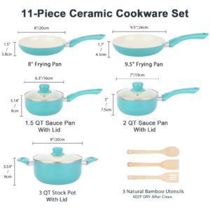 M MELENTA Pots and Pans Set Nonstick, 11pcs Kitchen Cookware Sets Induction Cookware, Ceramic Non Stick Cooking Set, Stay Cool Handle & Bamboo Kitchen Utensils, 100% PFOA Free, Turquoise