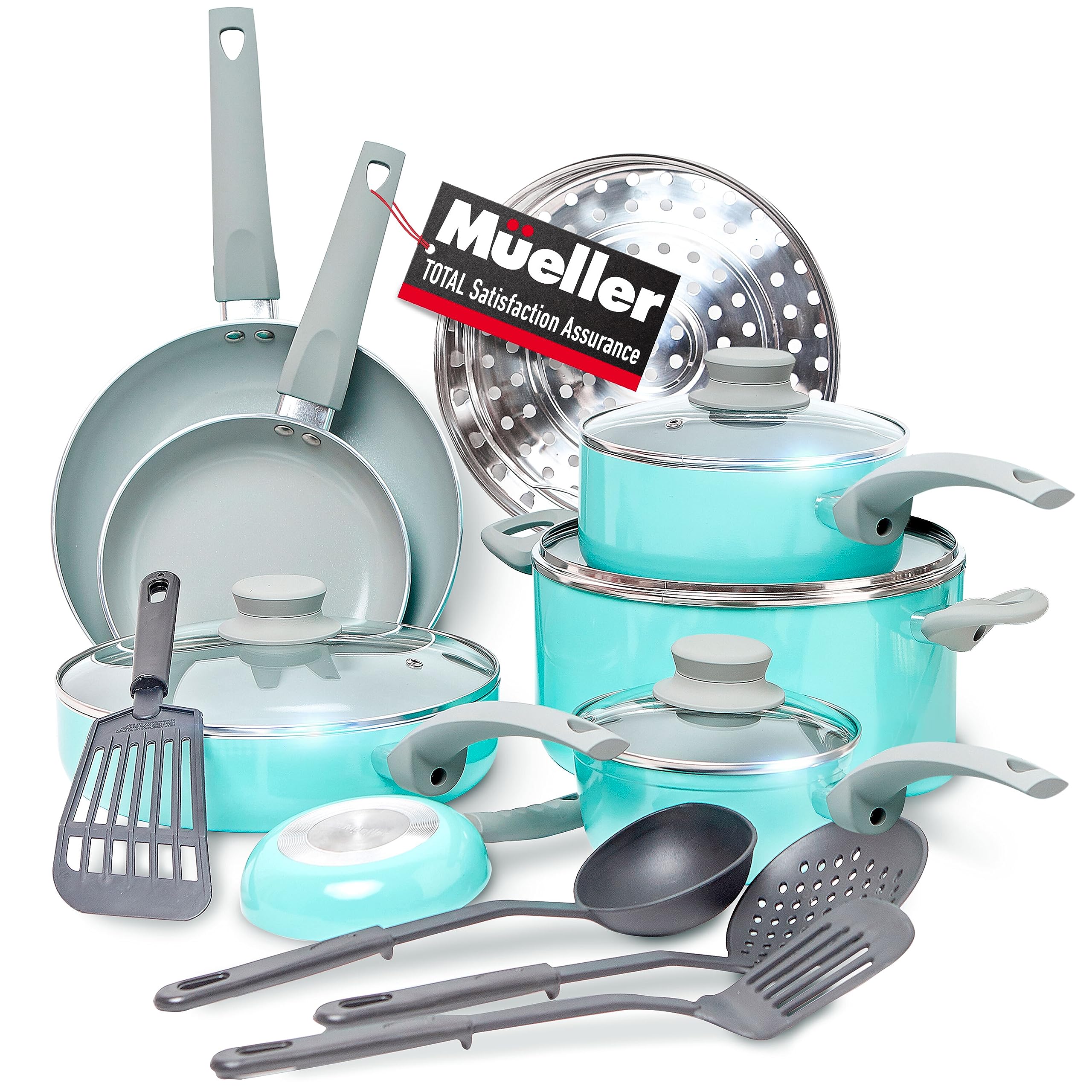 Mueller 16-Piece Non-Stick Stone Cookware Set with Steamer and Glass Lids, Turquoise