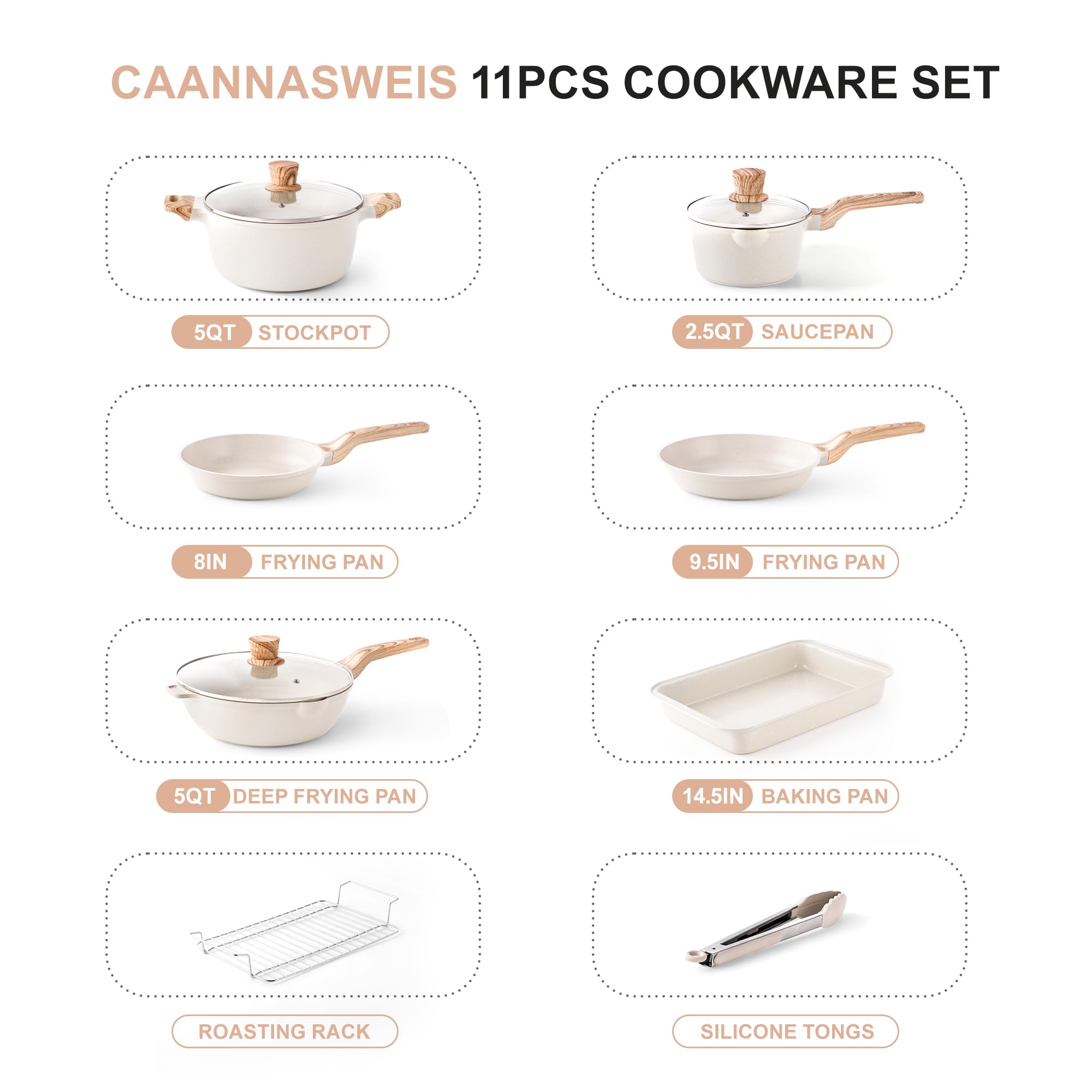 Pots and Pans Set - Caannasweis Nonstick Granite Stone Cookware Sets, Induction Frying Pans for Cooking, PFOS PFOA Free, Baking or Roasting Gray