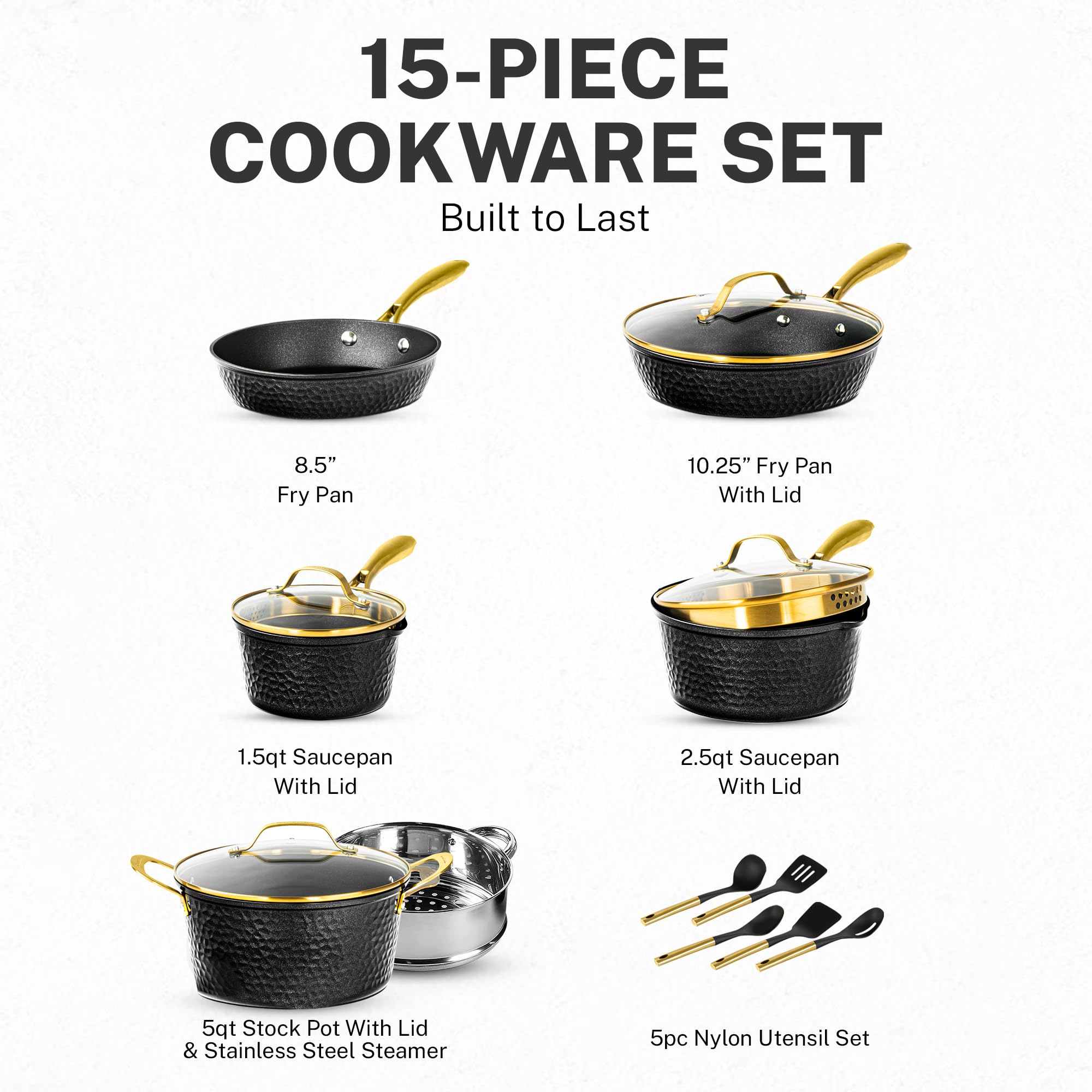 Granitestone 15 Pc Ceramic Pots and Pans Set Non Stick, Kitchen Cookware Sets, Pot and Pan Set, Ceramic Cookware Set, Non Stick Pots and Pan Set with Induction Cookware, Dishwasher Safe, Black