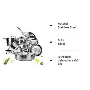 imarku Stainless Steel Pots and Pans Set, 14-Piece Tri-Ply Hammered Stainless Steel Cookware Set, Professional Induction Kitchen Cookware Sets, Oven Dishwasher Safe, Non Toxic PFAS Free, Silver