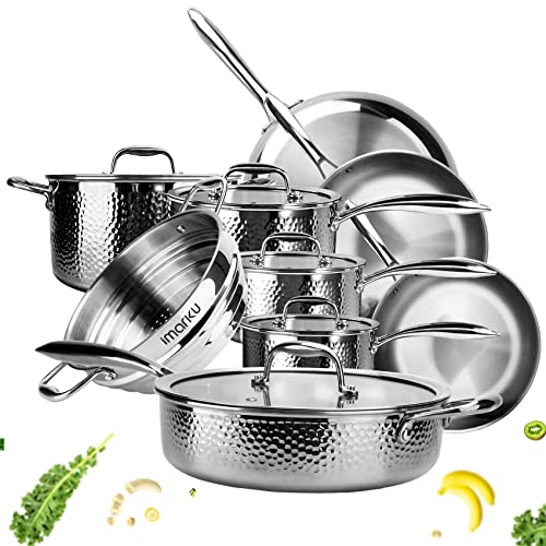 imarku Stainless Steel Pots and Pans Set, 14-Piece Tri-Ply Hammered Stainless Steel Cookware Set, Professional Induction Kitchen Cookware Sets, Oven Dishwasher Safe, Non Toxic PFAS Free, Silver