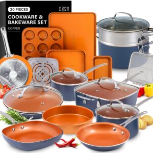 Home Hero Pots and Pans Set Non Stick - Induction Compatible Kitchen Cookware Sets + Bakeware Sets - Non Stick, PFOA Free, Oven Safe Pot and Pan Set Nonstick (20 Pcs - Copper)