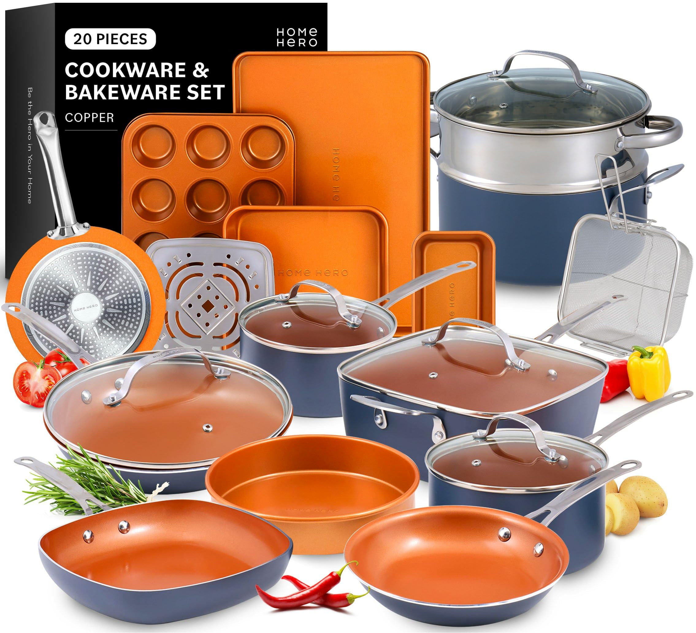 Home Hero Pots and Pans Set Non Stick - Induction Compatible Kitchen Cookware Sets + Bakeware Sets - Non Stick, PFOA Free, Oven Safe Pot and Pan Set Nonstick (20 Pcs - Copper)