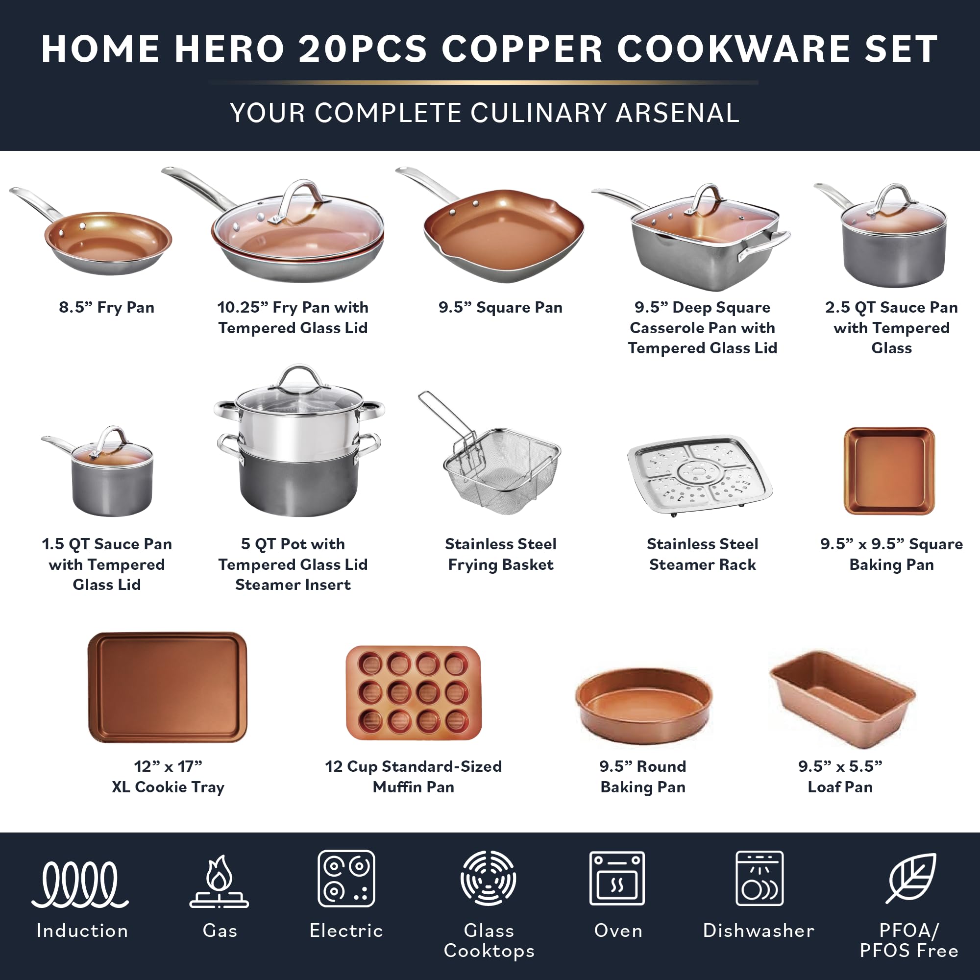 Home Hero Pots and Pans Set Non Stick - Induction Compatible Kitchen Cookware Sets + Bakeware Sets - Non Stick, PFOA Free, Oven Safe Pot and Pan Set Nonstick (20 Pcs - Copper)