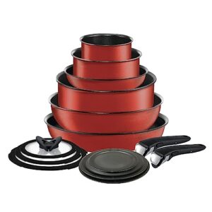 T-fal Ingenio Expertise Non Stick Cookware Set 14 Piece, Induction, Oven Broiler Safe 500F, Cookware, Pots and Pans Set, RV, Camping, Kitchen Frying Pans, Dishwasher Safe, Detachable Handle Cherry Red