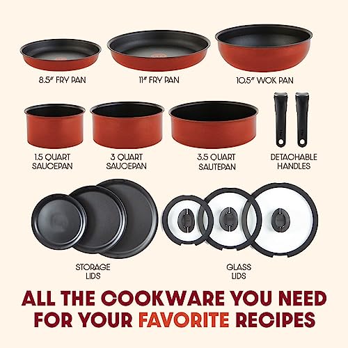 T-fal Ingenio Expertise Non Stick Cookware Set 14 Piece, Induction, Oven Broiler Safe 500F, Cookware, Pots and Pans Set, RV, Camping, Kitchen Frying Pans, Dishwasher Safe, Detachable Handle Cherry Red