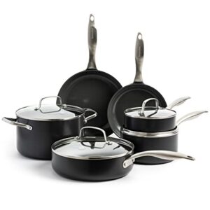 greenpan canterbury hard anodized healthy ceramic nonstick, 10 piece cookware pots and pans set, pfas-free, dishwasher safe, oven safe, black