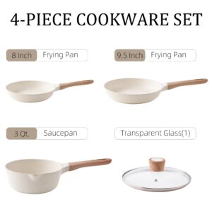 Pots and Pans Set Nonstick - YIIFEEO 4 Piece Granite Kitchen Cookware Sets 8" & 9.5" Non Stick Frying Pan Set and 3 Qt Sauce Pan with Lid, Induction Cookware PFOA Free Pans for Cooking Pasta Pot Gifts