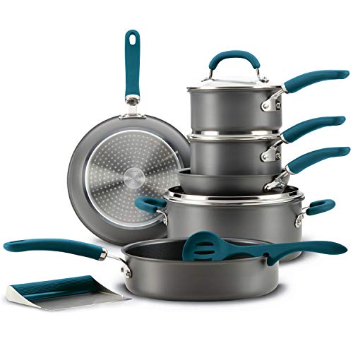 Rachael Ray Create Delicious Hard Anodized Nonstick Cookware Pots and Pans Set, 11 Piece, Gray with Teal Handles