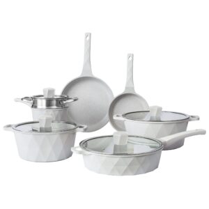 country kitchen nonstick induction cookware sets - 11 piece cast aluminum pots and pans with bakelite handles and glass lids (cream)
