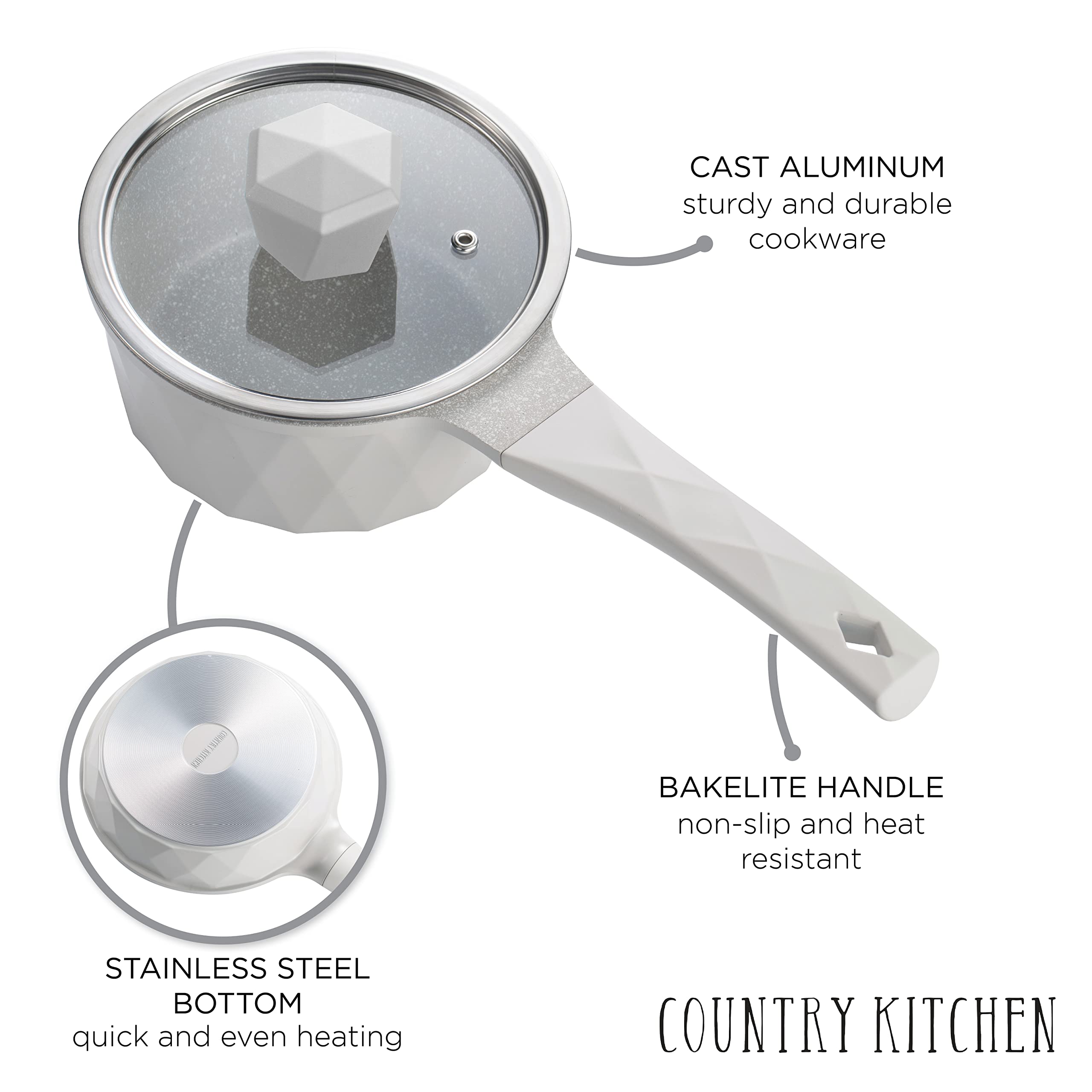 Country Kitchen Nonstick Induction Cookware Sets - 11 Piece Cast Aluminum Pots and Pans with BAKELITE Handles And Glass Lids (Cream)