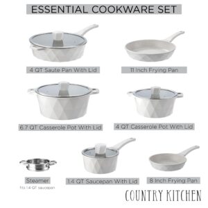 Country Kitchen Nonstick Induction Cookware Sets - 11 Piece Cast Aluminum Pots and Pans with BAKELITE Handles And Glass Lids (Cream)