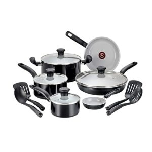 t-fal initiatives ceramic non stick cookware set 14 piece, oven broiler safe 350f, kitchen cooking set w/ fry pans, saucepans, dutch oven, utensils, healthy cooking, pots and pans, home, black