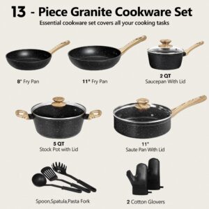 MICHELANGELO Granite Pots and Pans Set Nonstick, 13 Piece Kitchen Cookware Sets with Ultra Nonstick Coatings, Non Toxic Cookware Set with Spatula, Spoon, Pasta Spoon and 2 Cotton Gloves