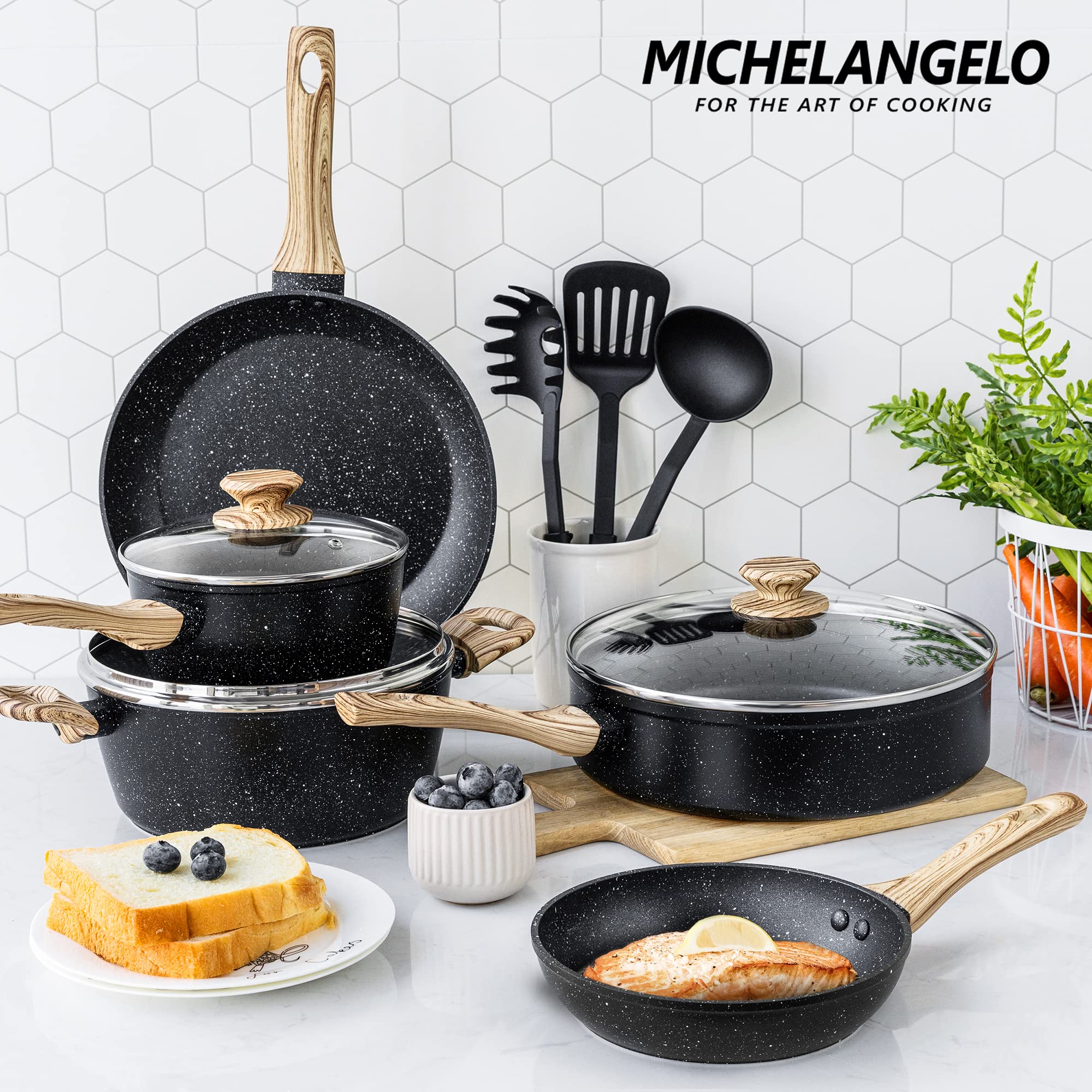 MICHELANGELO Granite Pots and Pans Set Nonstick, 13 Piece Kitchen Cookware Sets with Ultra Nonstick Coatings, Non Toxic Cookware Set with Spatula, Spoon, Pasta Spoon and 2 Cotton Gloves