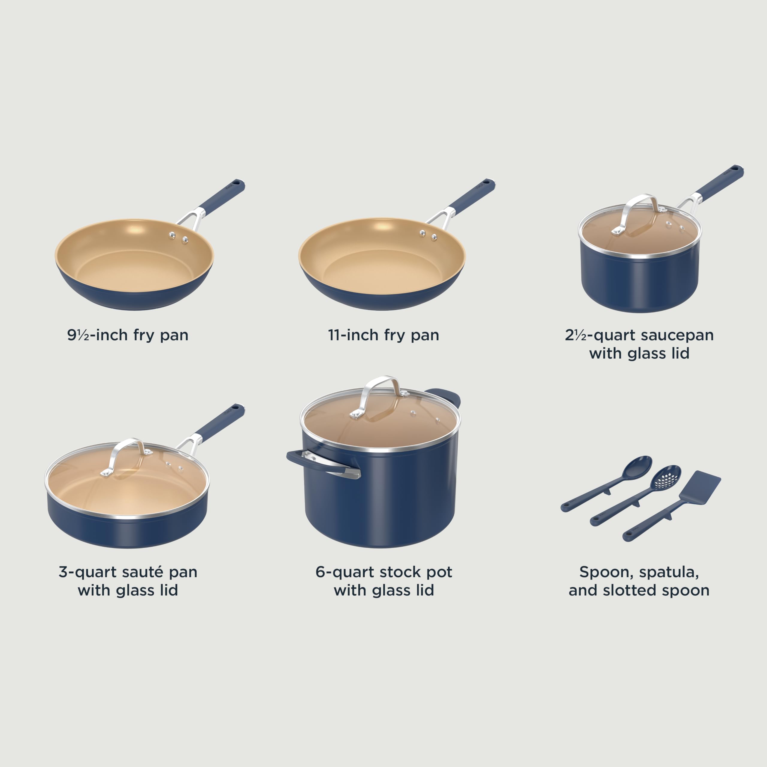 Ninja CW49011 Extended Life Ceramic 11-Piece Cookware Set with Comfort Grip, Nonstick Fry Pans, Pots, PFAS Free, Oven Safe, Dishwasher Safe, All Stovetops & Induction Compatible, Navy Blue