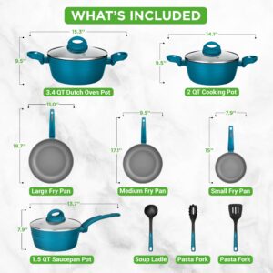 NutriChef Professional 12-Piece Nonstick Cookware - PFOA/PFOS-Free, Heat Resistant Lacquer, Elegant Design, Multi-Sized Pots and Pans, Teal/Gray/Green