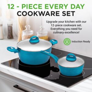 NutriChef Professional 12-Piece Nonstick Cookware - PFOA/PFOS-Free, Heat Resistant Lacquer, Elegant Design, Multi-Sized Pots and Pans, Teal/Gray/Green