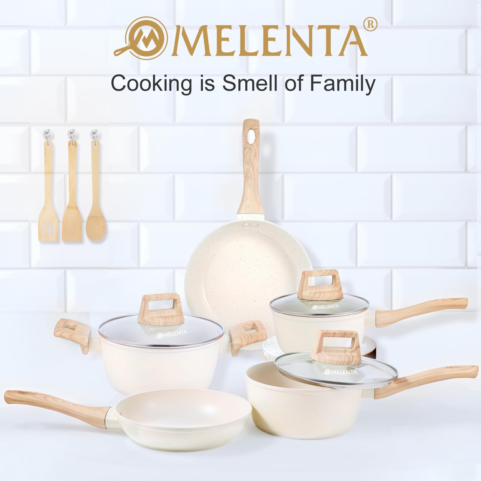 M MELENTA Granite Pots and Pans Set Ultra Nonstick, 11 Piece Die-Cast Cookware Sets with Frying Pan, Sauce Pan, Stockpot, Stay Cool Handle & Kitchen Utensils, Gas/Induction Compatible, 100% PFOA Free