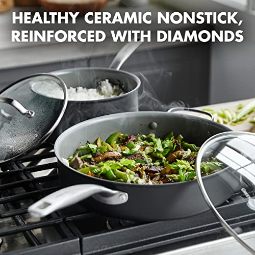 GreenPan Chatham Hard Anodized Healthy Ceramic Nonstick 5 Piece Cookware Pots and Pans Set, Saute, Saucepan, Lids, Stainless Steel Handles, PFAS-Free, Dishwasher Safe, Oven Safe, Gray