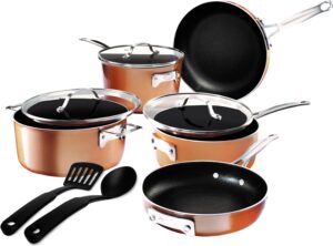 gotham steel 10 pc copper pots and pans set non stick, kitchen cookware sets, space saving non stick pots and pan set, nonstick cookware set, non toxic cookware set, pot set, dishwasher safe