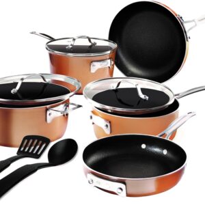 Gotham Steel 10 Pc Copper Pots and Pans Set Non Stick, Kitchen Cookware Sets, Space Saving Non Stick Pots and Pan Set, Nonstick Cookware Set, Non Toxic Cookware Set, Pot Set, Dishwasher Safe