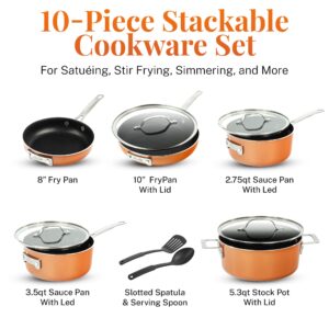 Gotham Steel 10 Pc Copper Pots and Pans Set Non Stick, Kitchen Cookware Sets, Space Saving Non Stick Pots and Pan Set, Nonstick Cookware Set, Non Toxic Cookware Set, Pot Set, Dishwasher Safe