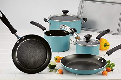 Farberware Cookstart DiamondMax Nonstick Cookware/Pots and Pans Set, Dishwasher Safe, Includes Baking Pan and Cooking Tools, 15 Piece - Aqua