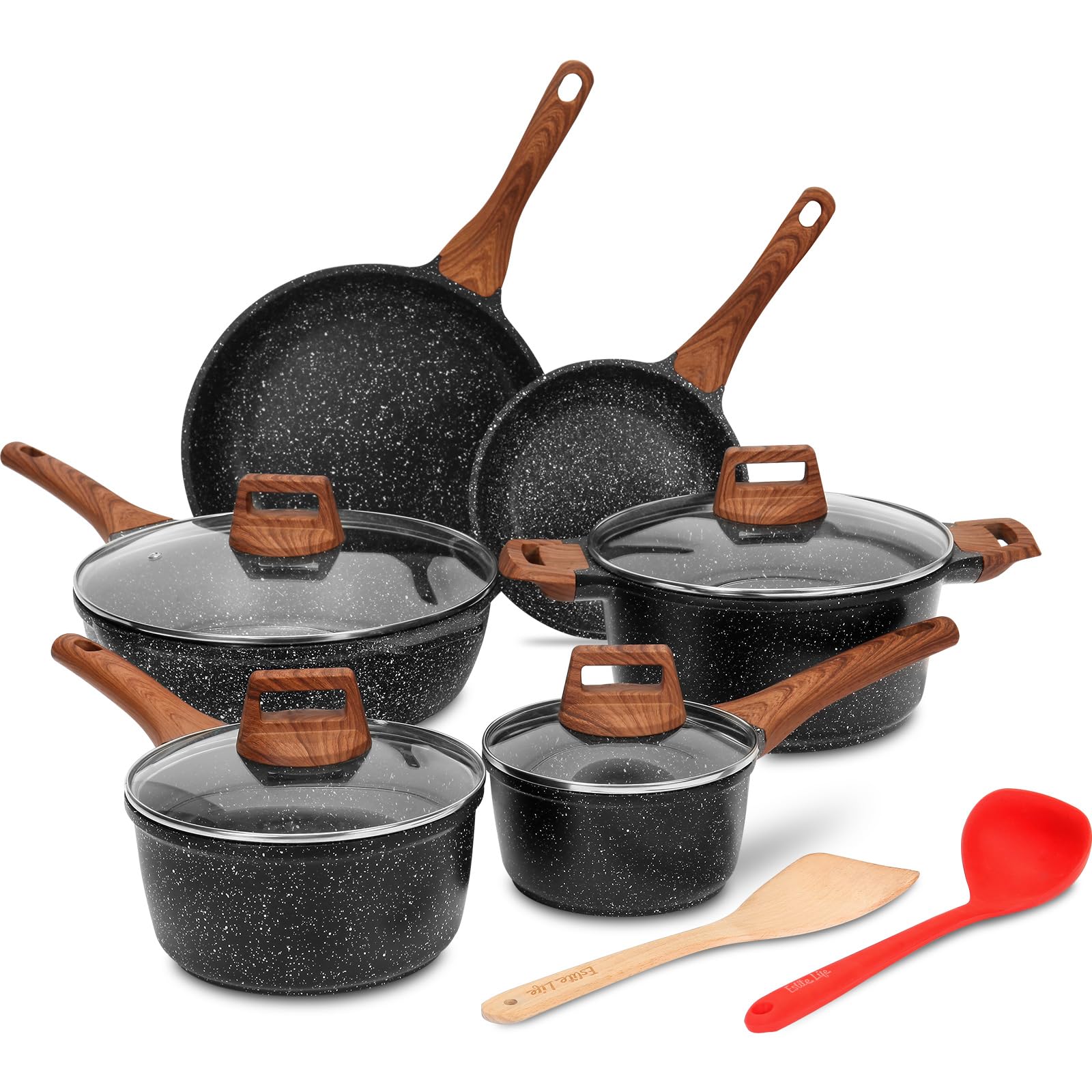 ESLITE LIFE Nonstick Cookware Sets, 6 Pcs Granite Coating Pots and Pans Set Kitchen Cooking Set, Compatible with All Stovetops (Gas, Electric & Induction), PFOA Free, Black