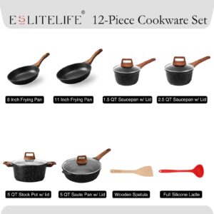 ESLITE LIFE Nonstick Cookware Sets, 6 Pcs Granite Coating Pots and Pans Set Kitchen Cooking Set, Compatible with All Stovetops (Gas, Electric & Induction), PFOA Free, Black